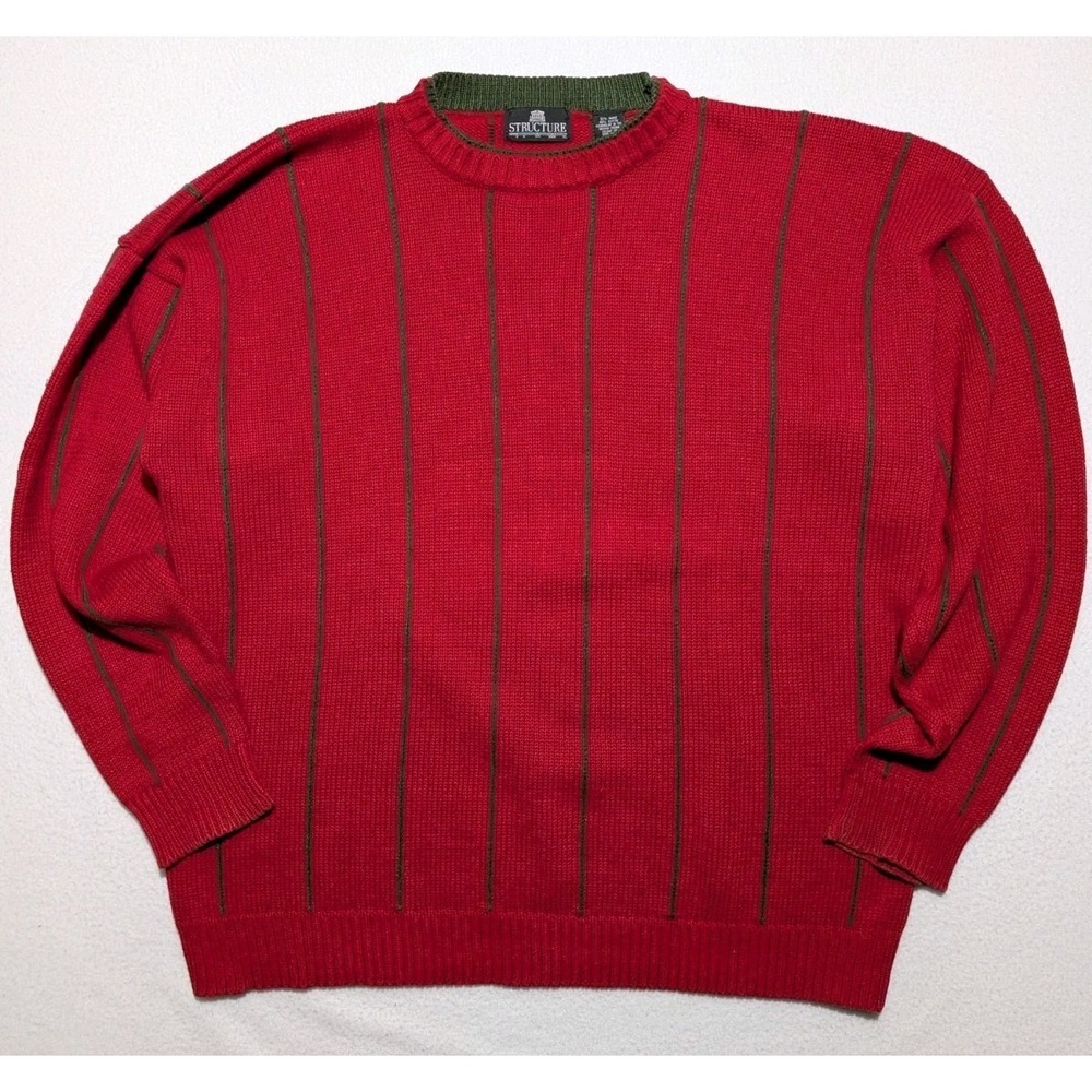 Structure Men's Vintage Red Crewneck Sweater Green Stripes Size L 90s‎ Cotton